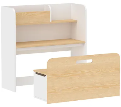 Produktbild von Kindertisch mit Sitzbank 5-in-1 Kindersitzgruppe mit Bücherregal, rollbar Kindertruhenbank mit Aufbewahrungsbox für 3-8
