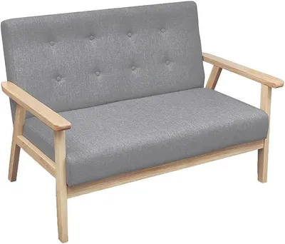 Imagen del producto de Sofá de dos plazas, pequeño sofá tapizado con estructura de madera, estilo retro, ideal para salones, habitaciones de juegos o estudios. Dimensiones: 113,5 x 67 x 73,5 cm. Color: gris claro. Material: tela