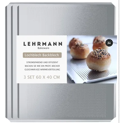 3er-Set gelochte Alu-Backbleche 60x40 cm für Brot & Pizza