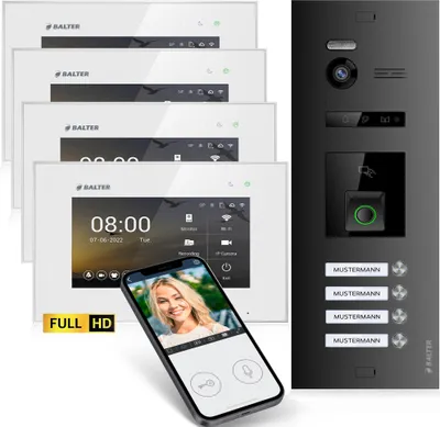 Produktbild von HD Video Türsprechanlage mit Fingerprint RFID und Smartphone App für 4 Familienhaus, 4x Monitore, Balter EVO HD Fingerprint