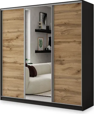 Produktbild von Masseno Schiebetürenschrank SORE 200/205/58 cm Kleiderschrank mit 4 Schubladen Schlafzimmer Schrank 3-türig mit Spiegel Schwarz / Eiche Wotan