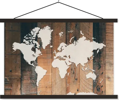 Produktbild von MuchoWow® Textilposter Weltkarte - Holz - Weiß 60x40 cm mit schwarzem Rahmen - Hölzernes