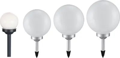 Four solar garden lights of varying sizes, displayed on a white background.