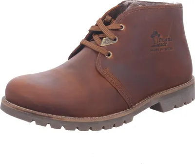 A single brown leather boot is shown against a white background.