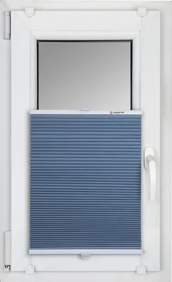 A white framed window with a blue pleated blind partially covering the lower section.