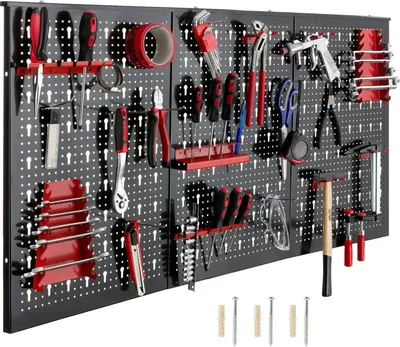 Produktbild von Metall Pegboard Lochwand - Werkzeugwand 120 x 60 cm - 17-teiliges Hakenset - Panel-Organizer - Aufbewahrungsboxen für Garage - Schwarz/Rot