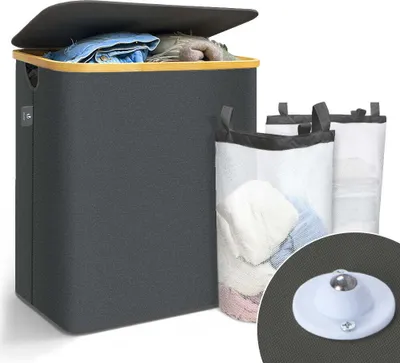 Produktbild von VOUNOT® Wäschekorb mit Deckel & Wäschesäcke 145L, Faltbarer Wäschesammler 2 Fächer, Grau