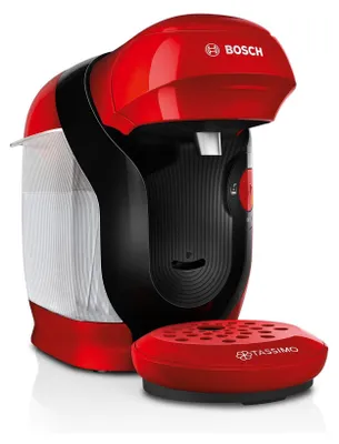 A red and black Bosch Tassimo coffee machine is shown against a white background.