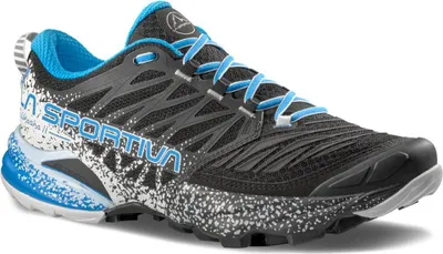 Schwarzer La Sportiva Akasha II Trailrunning-Schuh mit blauen Akzenten und weiß-schwarzer Sohle