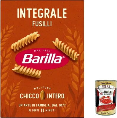 Produktbild von Barilla Integrale Fusilli – Vollkorn Hartweizennudeln – reich an Ballaststoffen, 100% Vollkorn – perfekte Spiralform für Saucen – Kochzeit al dente 11 Min – 30 x [500 g] + Italian Gourmet polpa 400g