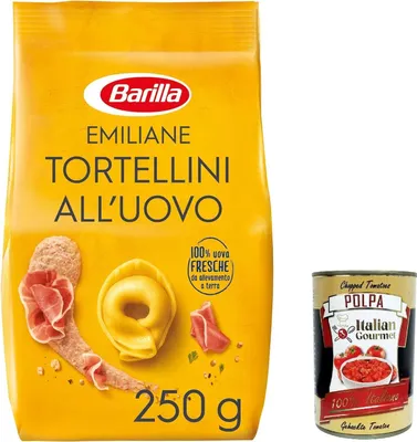Produktbild von 12x Barilla Pasta all' Uovo Le Emiliane Tortellini con Prosciutto Crudo , Eiernudeln, Pasta mit Ei 250g + Italian Gourmet polpa 400g