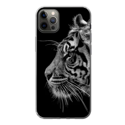 Produktbild von MuchoWow® Handyhülle Schutzhülle Hülle für iPhone 13 Pro Max Tiger auf schwarzem Hintergrund in schwarz und weiß Silikon Softcase Handy Hülle - Mobiltelefon