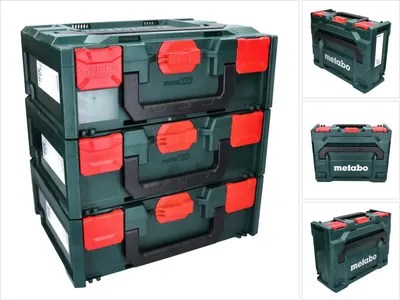 A collage of images showing stacked toolboxes and individual toolboxes.