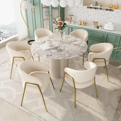 Productafbeelding van Fortuna Lai Witte Eetkamerstoel. Moderne lamswollen fluweel stoel met spuitgouden afwerking (6 stuks), eetkamerstoel met gouden poten