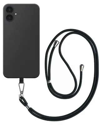 A black smartphone case with a black lanyard attached, shown against a white background.