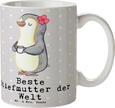 Produktbild von Mr. & Mrs. Panda Kaffeebecher Pinguin Beste Stiefmutter der Welt - Grau Pastell - Geschenk, Tasse, Dankeschön, Geschenkidee, Keramiktasse, Trinkbecher, Geschenktasse