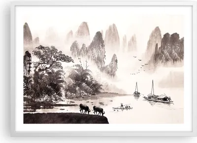 Produktbild von Gerahmtes Poster - Weißer Rahmen - Chinesisch Landschaft Aquarell - 70x50 cm - Wand Bild - Wanddeko - Wandbilder - Wandposter - Bilderrahmen - Bilder - Kunstdruck - Wandbild - P2WAA70x50-4265