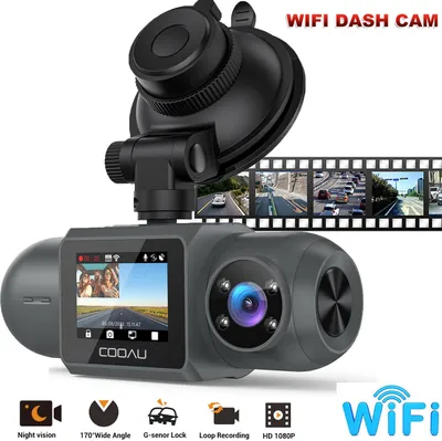 A dashcam with its features highlighted, presented on a white background.