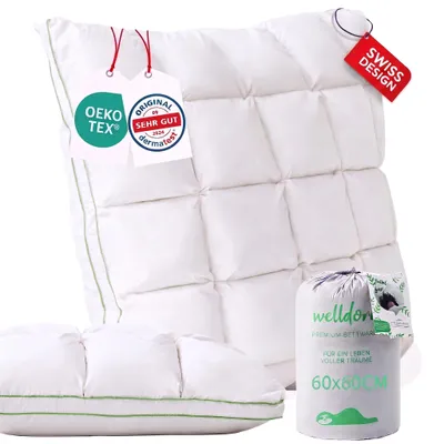 Produktbild von Welldora Premium Kopfkissen 60x60 cm, 100% Daunenfasern & Federn, mittelfest, Baumwollbezug, Weiß