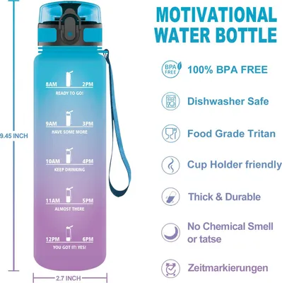 Image de Bouteille d'eau pour le sport, bouteille d'eau de 500 ml, sans BPA, anti-fuite et réutilisable, avec filtre et marquage du temps, convient pour le camping, le vélo, la randonnée, l'école, le bureau, le plein air