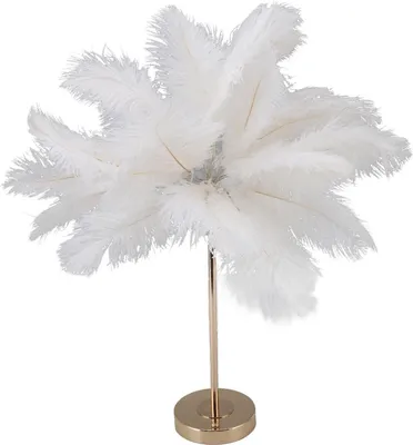 A white feather table lamp with a gold base on a white background.