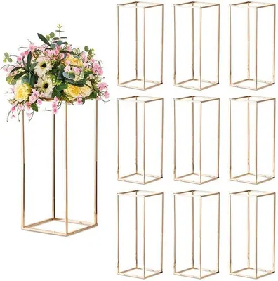 Imagen del producto de Ibenzoa®: Juego de 10 soportes geométricos dorados para flores (60 x 25 cm), fabricados en metal dorado y plateado. Elegantes centros de mesa para bodas y celebraciones