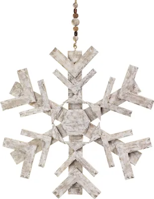 Produktbild von Weihnachtsdeko Schneeflocke 60 cm hängend aus Mangoholz handgefertigte Winterdekoration mit Holzperlen-Aufhängung natürliche Wanddeko oder Fensterdek