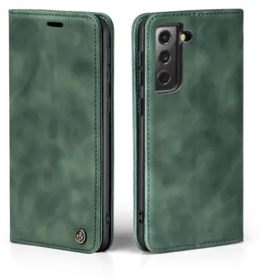 A green flip cover case for a smartphone is shown from two angles.