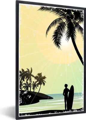 Produktbild von MuchoWow® MuchoWow® Gerahmtes Poster Strand - Surfbrett - Sonne - Palmen 60x90 cm - Poster mit zchwarzem Bilderrahmen - Kunst
