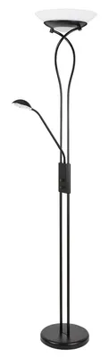 A black floor lamp with a white shade and an adjustable reading light.