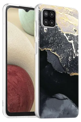 A smartphone case with a marble design is shown from the front and side.