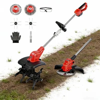 Produktbild von 2 IN 1 Akku Rasentrimmer & Bodenhacke 21V 980W Kupfermotor 8000RPM/360RPM, 25*22cm Arbeitsbreite Gartenhacke Kultivator Elektrisch für Makita 18V