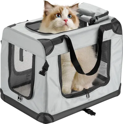 Obrázek produktu pro Fudajo Skládací přepravní box pro psy, kočky M (60x42x44cm), robustní, lehký, bezpečný, box pro psy s držadlem a dekou, šedý