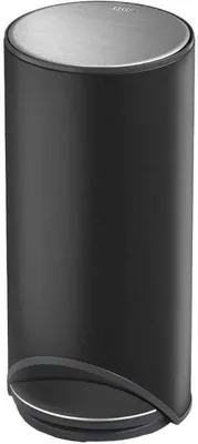 A black pedal bin with a silver lid and pedal.