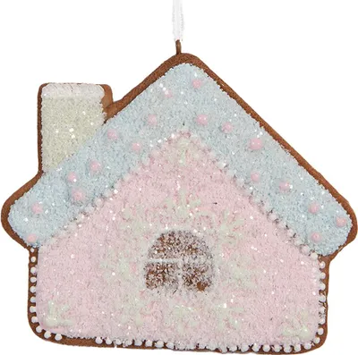 Obrázok produktu pre Clayre & Eef Vianočná visačka perníková chalúpka 9x1x8 cm ružová modrá plastová