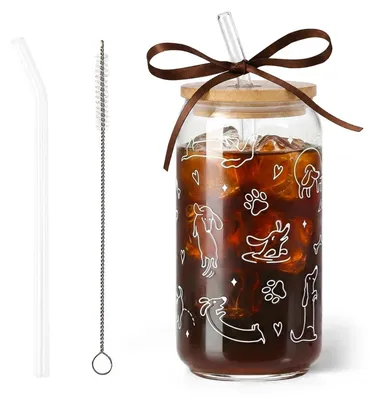 Teckel-Trinkglas 500 ml mit Deckel, Strohhalm und Bürste