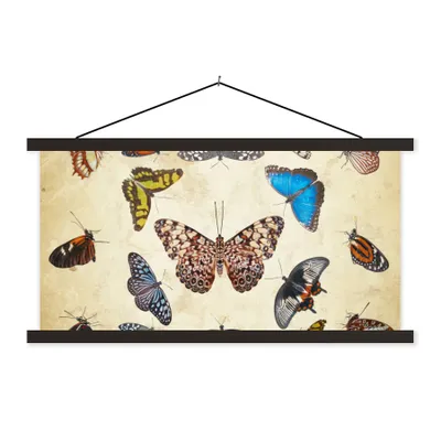 Produktbild von MuchoWow® Textilposter Botanischer Druck Schmetterlinge 90x45 cm mit schwarzem Rahmen - Klemmleisten