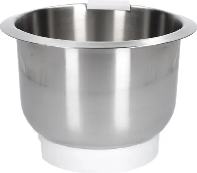 A stainless steel mixing bowl with a white base and a white handle attachment at the top.