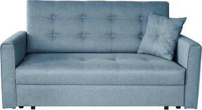 A light blue sofa bed is shown from the front against a white background.