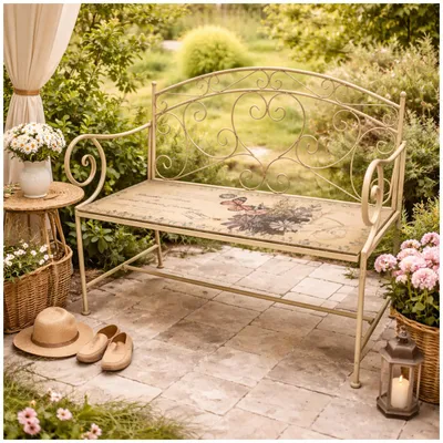 Produktbild von Gartenbank Schmetterling creme Metallbank mit Motiv Sitzfläche 109 cm