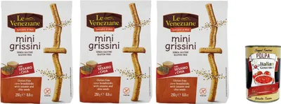 Produktbild von Le veneziane, mini grissini con sesamo e chia senza glutine, gluten free breadstick, glutenfreie Mini-Grissini mit Sesam und Chia, 3x 250g + Italian Gourmet polpa 400g