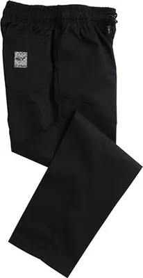 A pair of black professional trousers laid out on a white background.