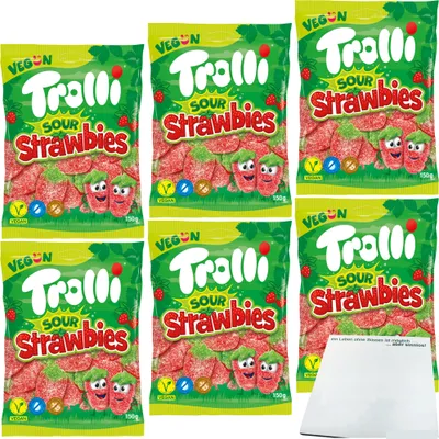 Produktbild von Trolli Sour Strawbies sauer gezuckerte Fruchtgummi-Erdbeeren 6er Pack (6x150g Packung) + usy Block