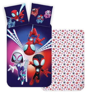 Zdjęcie produktu dla Komplet pościeli BrandMac Spidey dla niemowląt | Rozmiar: łóżeczko dziecięce 100 x 140 cm + poszewka na poduszkę 40 x 45 cm | 100% bawełna | Miękka, dwustronna pościel