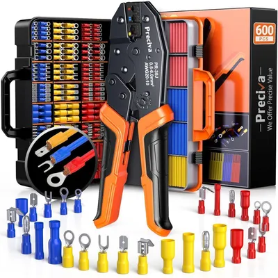 Immagine prodotto di Set di pinze a crimpare con 600 pezzi | 490 connettori per cavi + 110 tubi termorestringenti | 0,5-6 mm² | Pinza a crimpare a rattoppo con custodia
