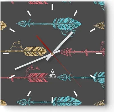 Produktbild von Wanduhr - Quadrat - Glasuhr - Pfeil Feder - 40x40cm - Schleichendes Uhrwerk - Lautlos - zum Aufhängen bereit - Dekoration Modern - Wanddekoration aus Glas - C3AC40x40-3874