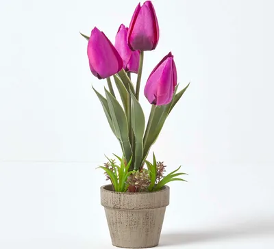 Image de HOMESCAPES Fleurs artificielles Tulipes en pot de cellulose 27 cm de haut, violet