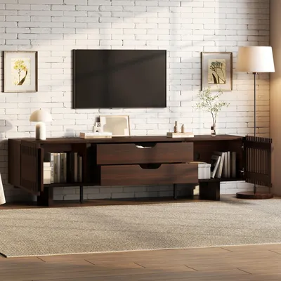 Immagine prodotto di Mobile TV okwish, mobile basso – ante a lamelle per la ventilazione – vano portaoggetti con due cassetti, per televisori fino a 75 pollici, rovere scuro