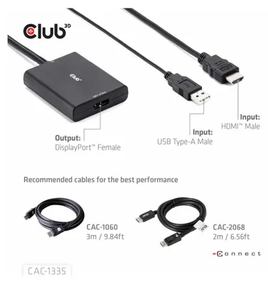 Image de Club3d CLUB3D Adaptateur actif M/F HDMI + Micro USB vers DisplayPort™ 4K120Hz ou 8K30Hz