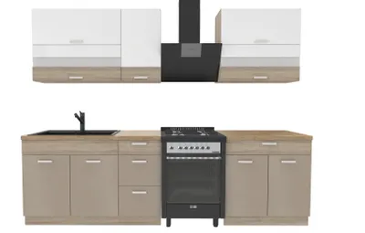 Productafbeelding van Keukenunit 270 cm - Sonoma beige, wit - Met werkblad Lancelot eik - Metalen lades - Soft-close sluiting - MDF - Deuren met glasinzet - PREMIO B